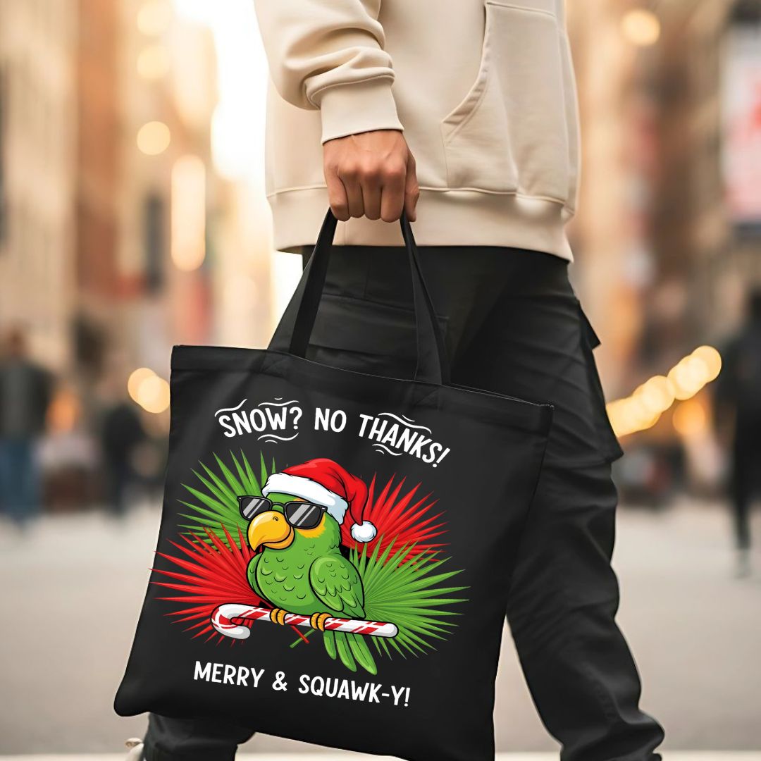 Merry Squawk Tote Bag with colorful parrot in Santa hat design