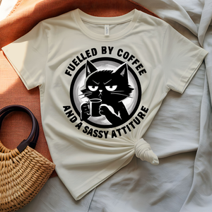 Fueled By Coffee tee with bold caffeine statement typography
