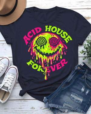Acid House Forever retro graphic t-shirt with classic smiley face design
