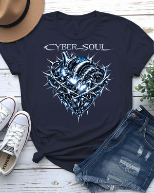 Cyber Soul Tee with glitch-art graphic of a data-stream human silhouette