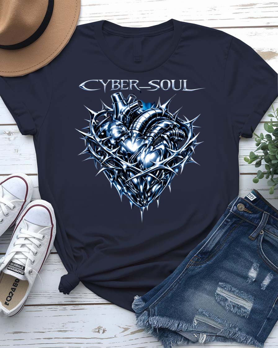 Cyber Soul Tee with glitch-art graphic of a data-stream human silhouette