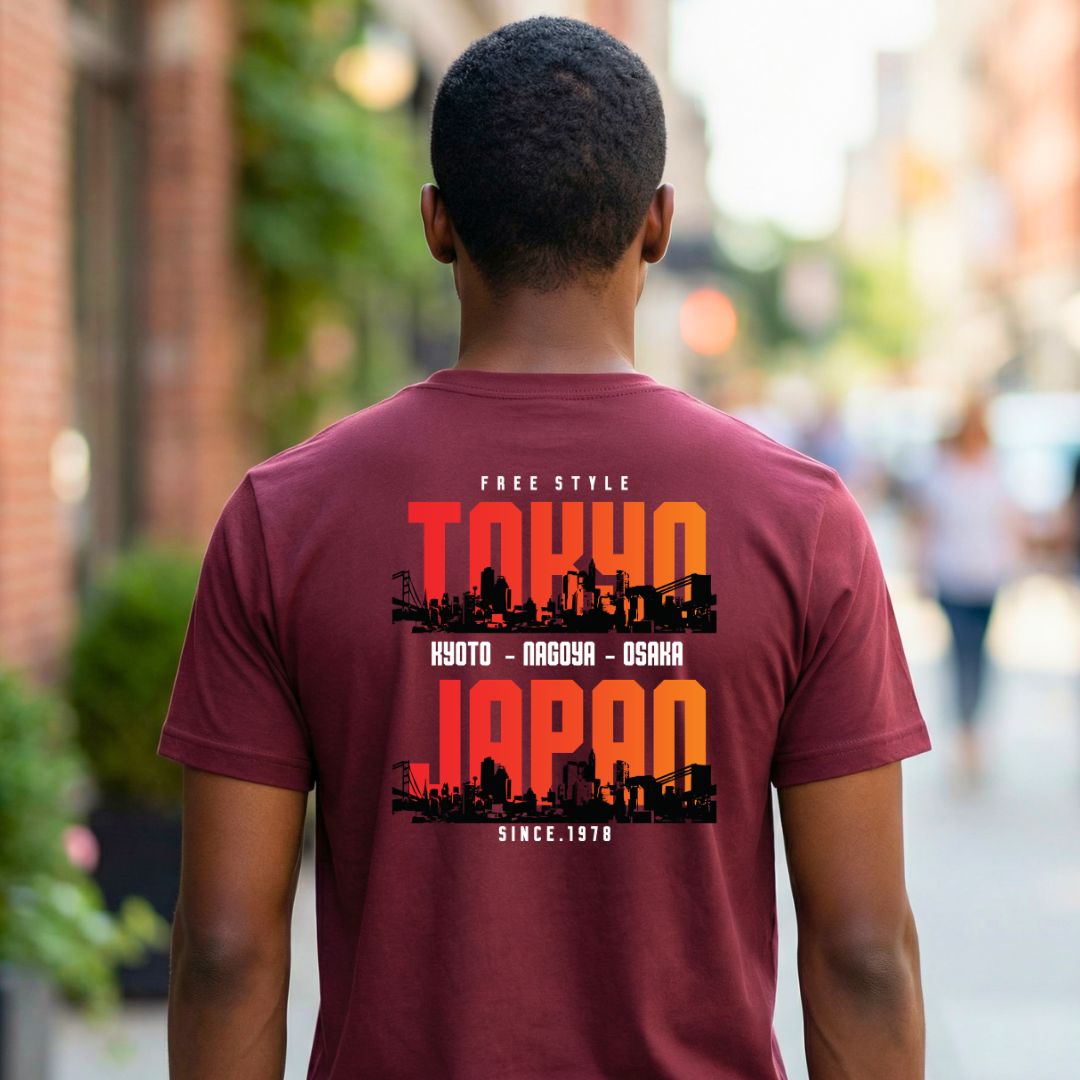 Tokyo Japan Streetwear Tee with neon skyline and Mount Fuji on model