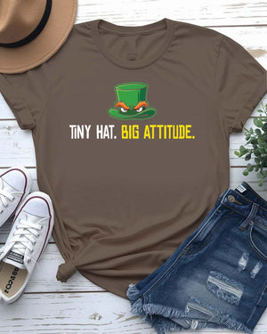 Tiny Hat Big Attitude St. Patrick's Day Tee with sassy leprechaun hat on model