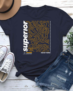 Superior Streetwear Tee with crown floating above mountain peak on model