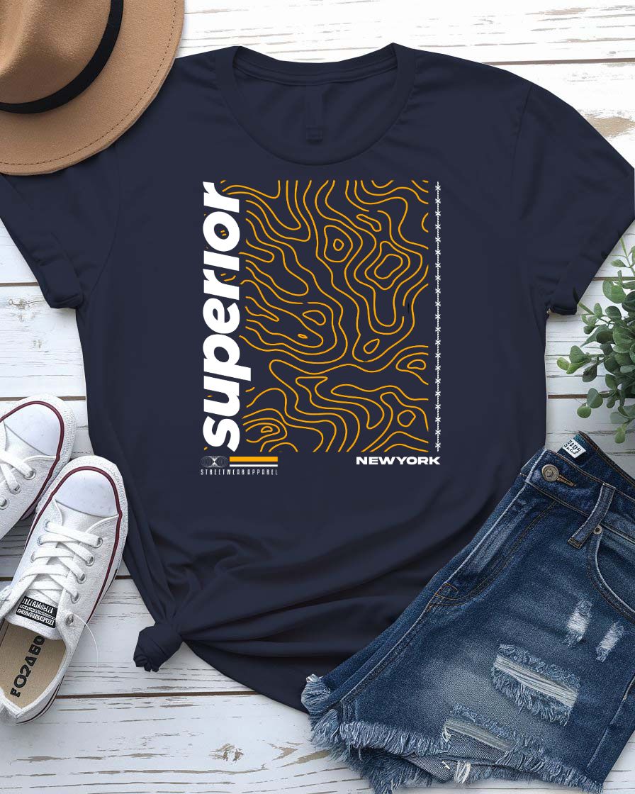 Superior Streetwear Tee with crown floating above mountain peak on model