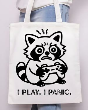 "I Play I Panic" Funny Gamer Animal Meme Tote Bag