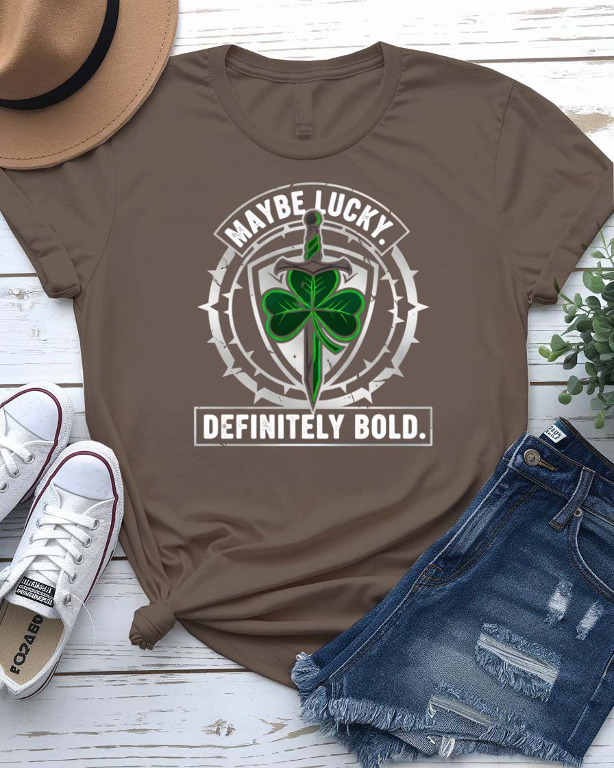 May Be Lucky St. Patrick's Day Tee with question mark clover on model
