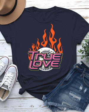 True Love Streetwear Tee with imperfect interlocking hearts on model