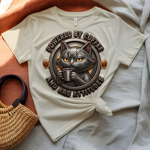 Powered by Coffee and Bad Attitude tee with bold typography