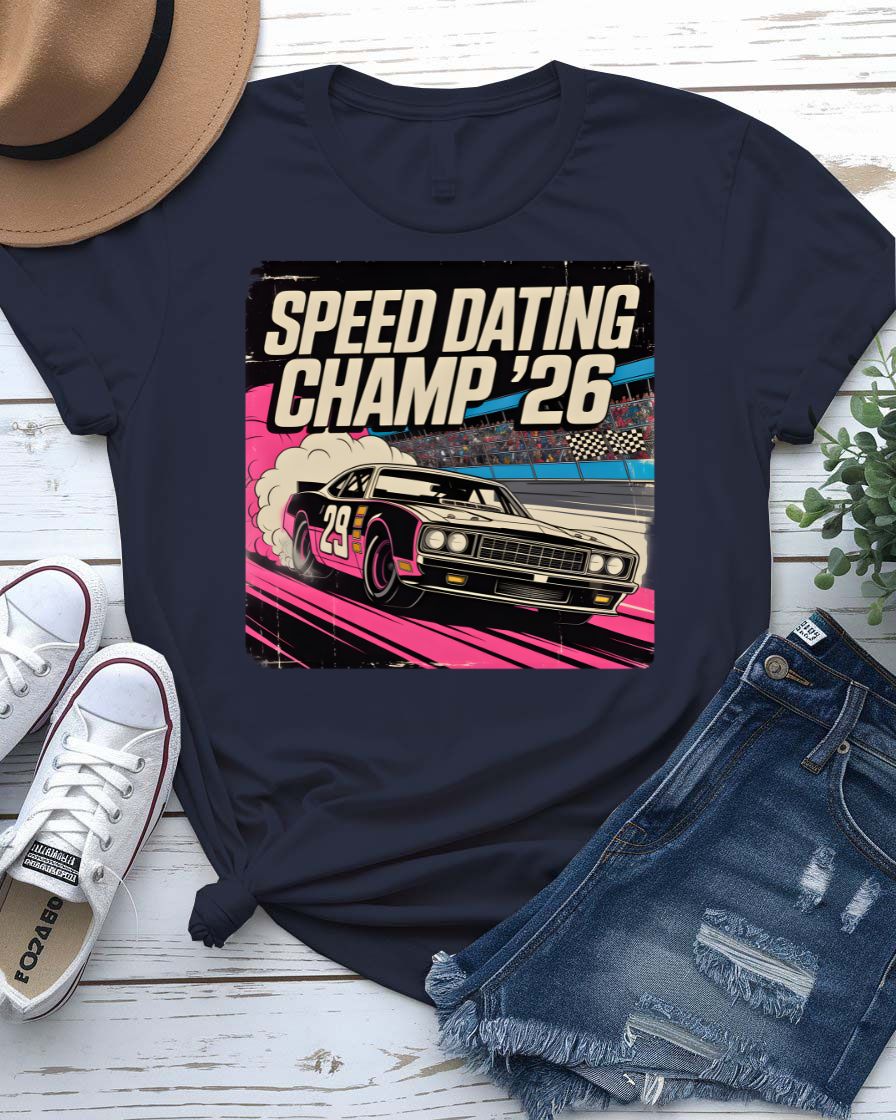 Speed Dating Champ T-Shirt with vintage trophy graphic and bold text