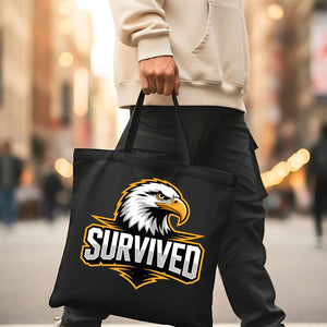 Minimalist 'Survived' text tote bag on natural canvas