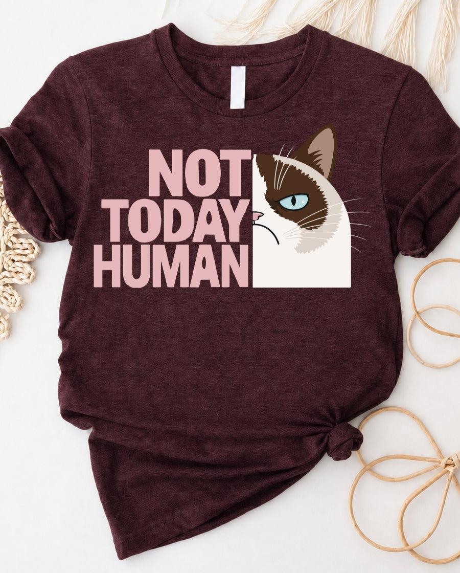 Not today human cat lovers tee with aloof cat graphic front view