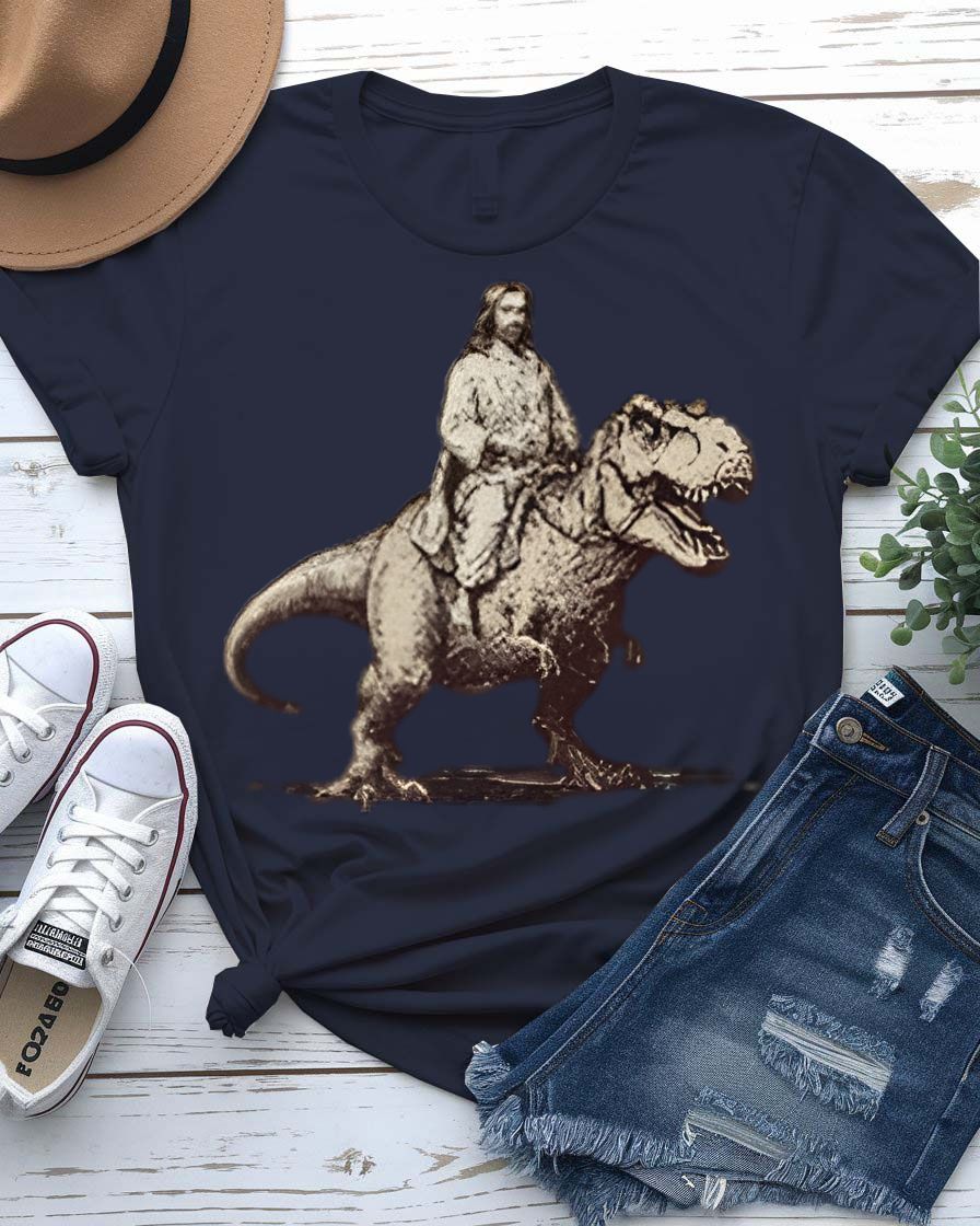 Jesus at T-Rex t-shirt featuring a classical painting of Jesus with a Tyrannosaurus