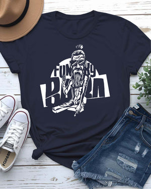 Funky Baba Funny Tee with groovy grandpa dancing with records on model