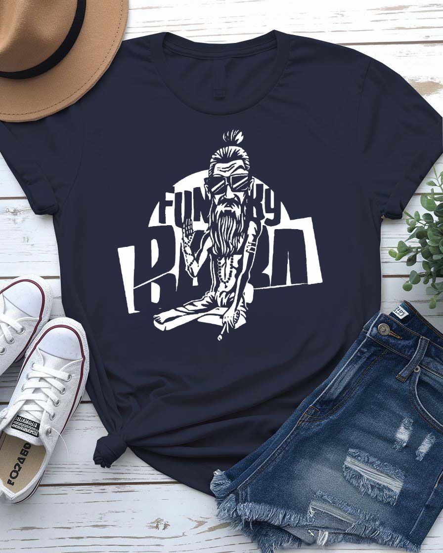 Funky Baba Funny Tee with groovy grandpa dancing with records on model