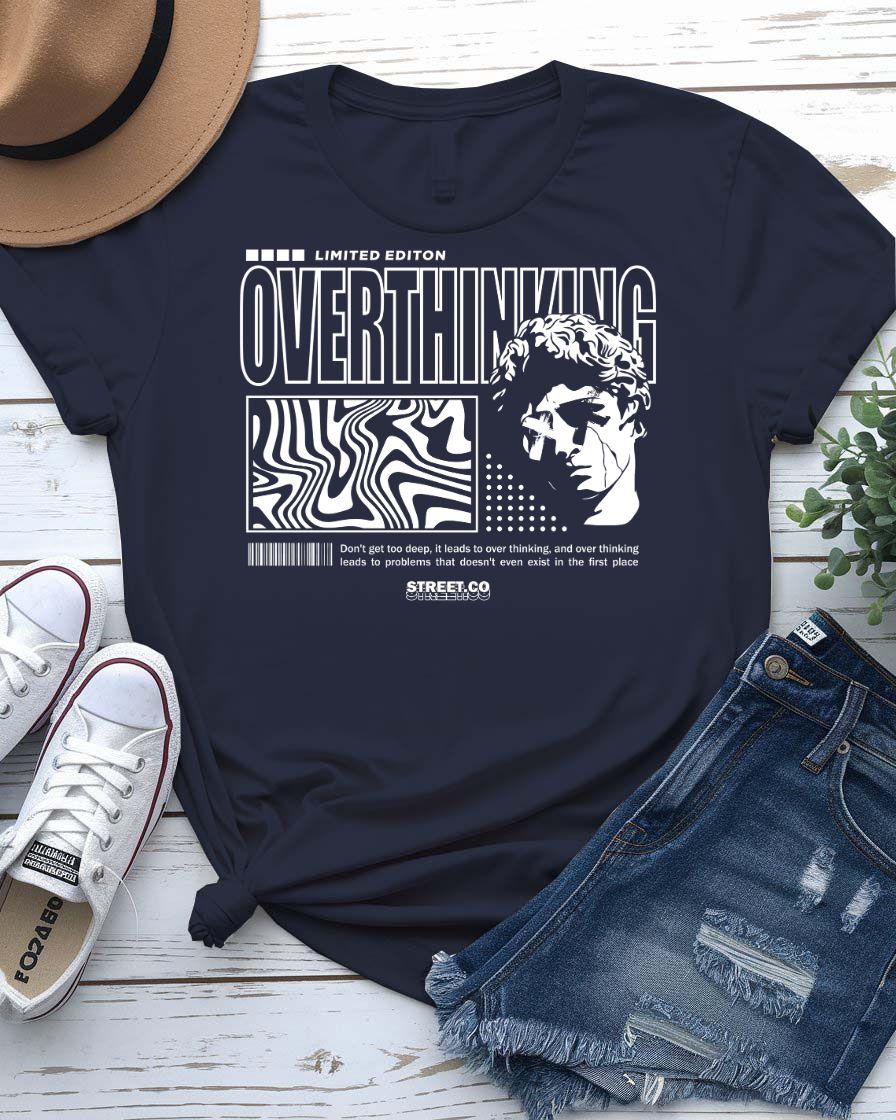 Overthinking Urban Style Tee with tangled brain spiral graphic on model