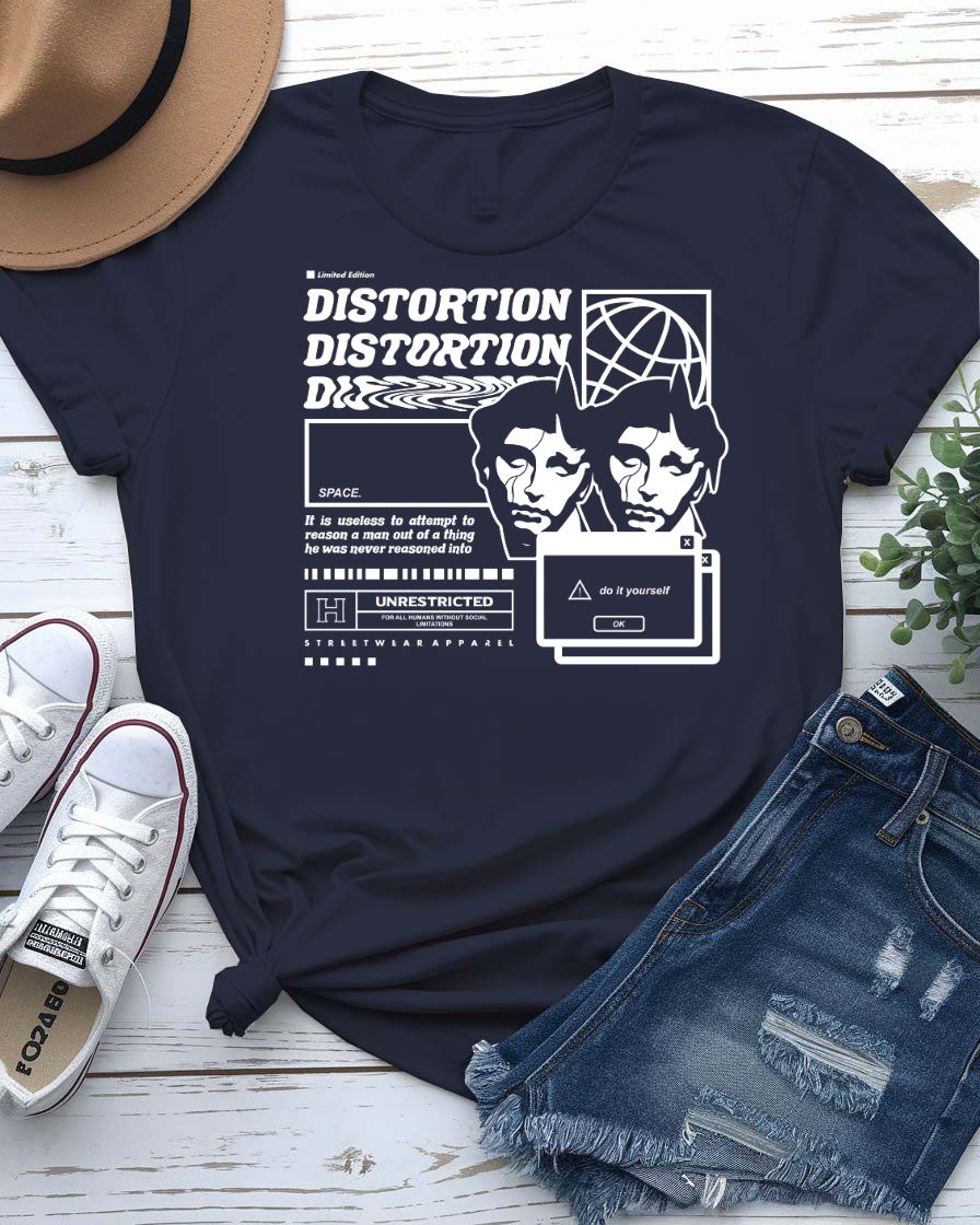 Distortion Streetwear Tee with fractured face dissolving into static on model