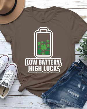 Low Battery High Luck St. Patrick's Day Tee with 2% shamrock phone on model