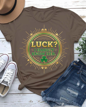 I Hardly Know Her St. Patrick's Day Tee with blushing shamrock on model