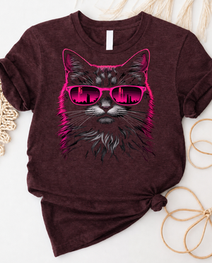 Neon cool cat with pink sunglasses graphic t-shirt featuring a stylish feline in retro design