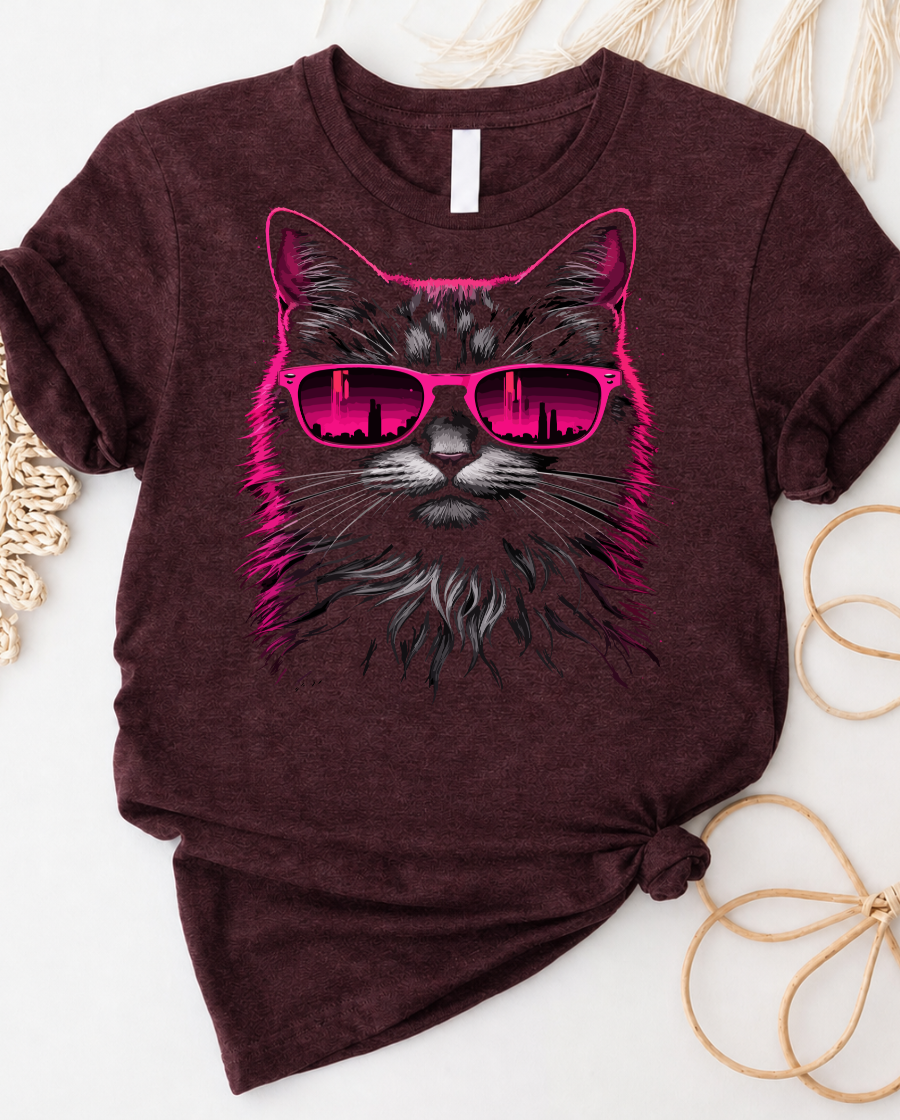 Neon cool cat with pink sunglasses graphic t-shirt featuring a stylish feline in retro design