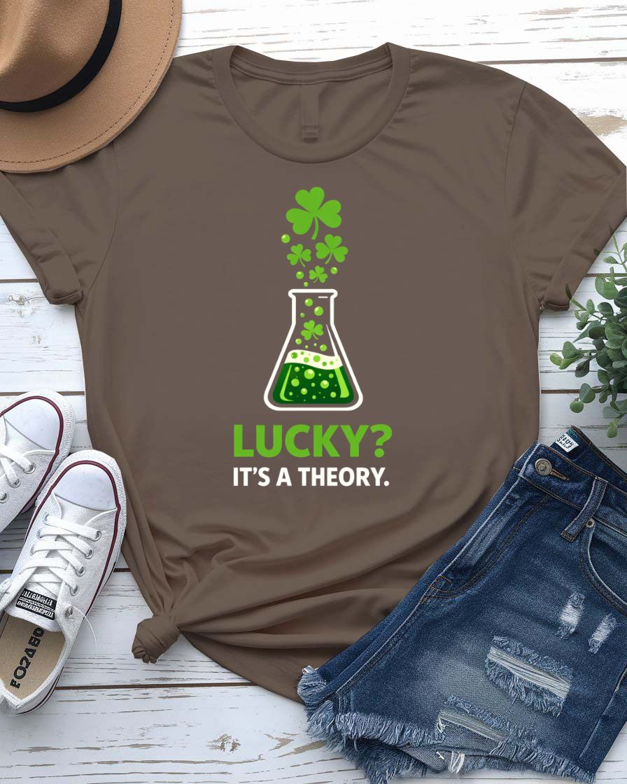 Lucky Its a Theory St. Patrick's Day Tee with scientific clover experiment on model