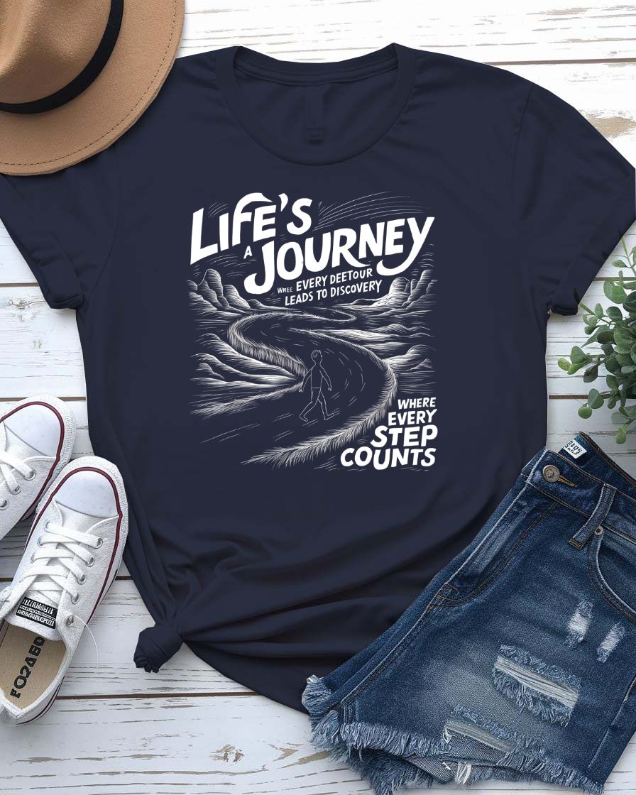 Life Is a Journey Streetwear Tee with winding mountain path on model