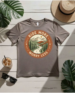 Ride more worry less tee motorcycle sunset highway graphic