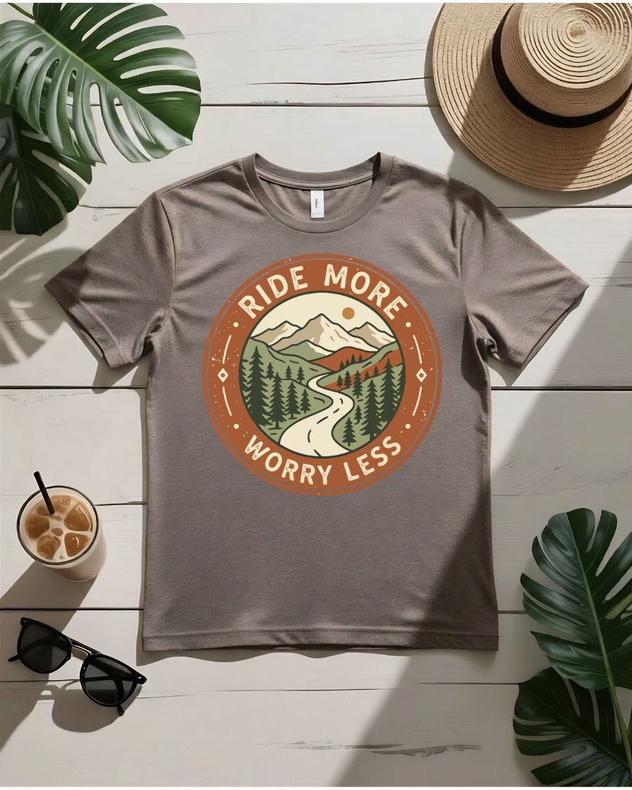 Ride more worry less tee motorcycle sunset highway graphic