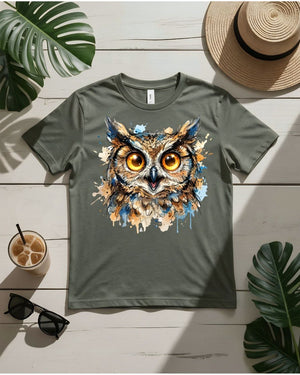 Golden gaze owl tee glowing golden eyes moonlit branch