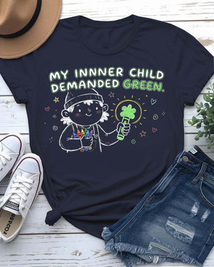 My Inner Child Demanded Green St. Patrick's Day Tee with jumping kid silhouette on model