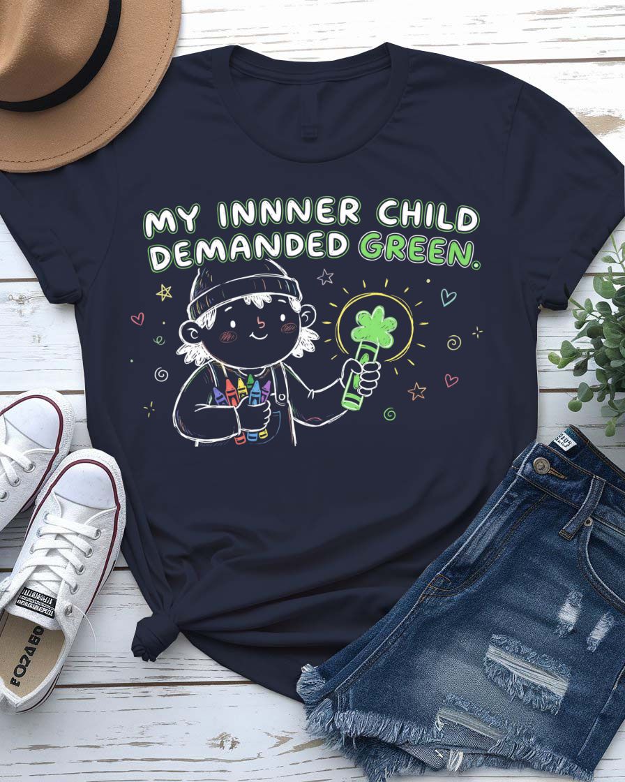 My Inner Child Demanded Green St. Patrick's Day Tee with jumping kid silhouette on model