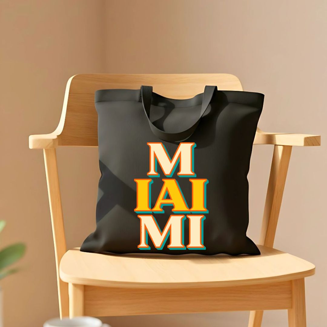 Vibrant Miami souvenir tote bag at the beach or poolside