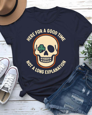 Here for a Good Time St. Patrick's Day Tee with shamrock pint glass on model