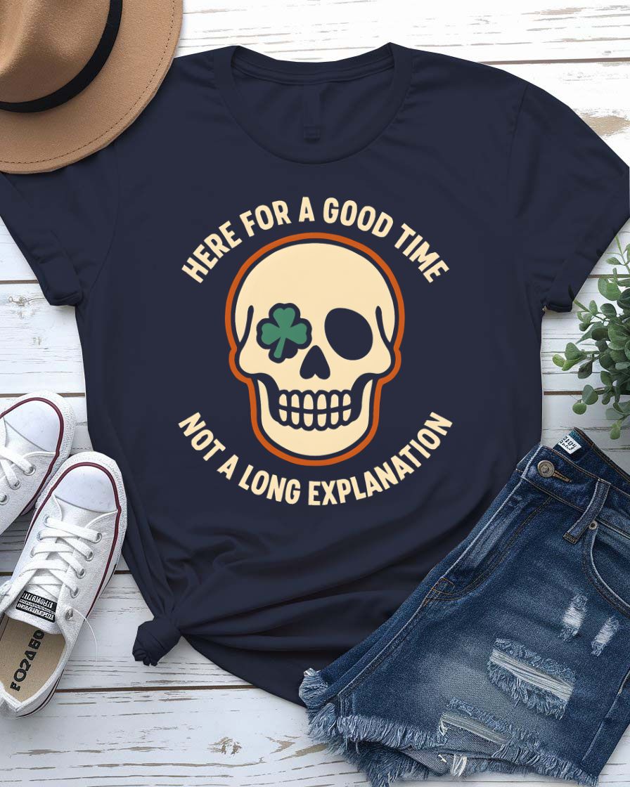 Here for a Good Time St. Patrick's Day Tee with shamrock pint glass on model