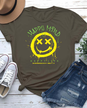 Happy Mind Copy visionary split-design tee on model in creative studio setting