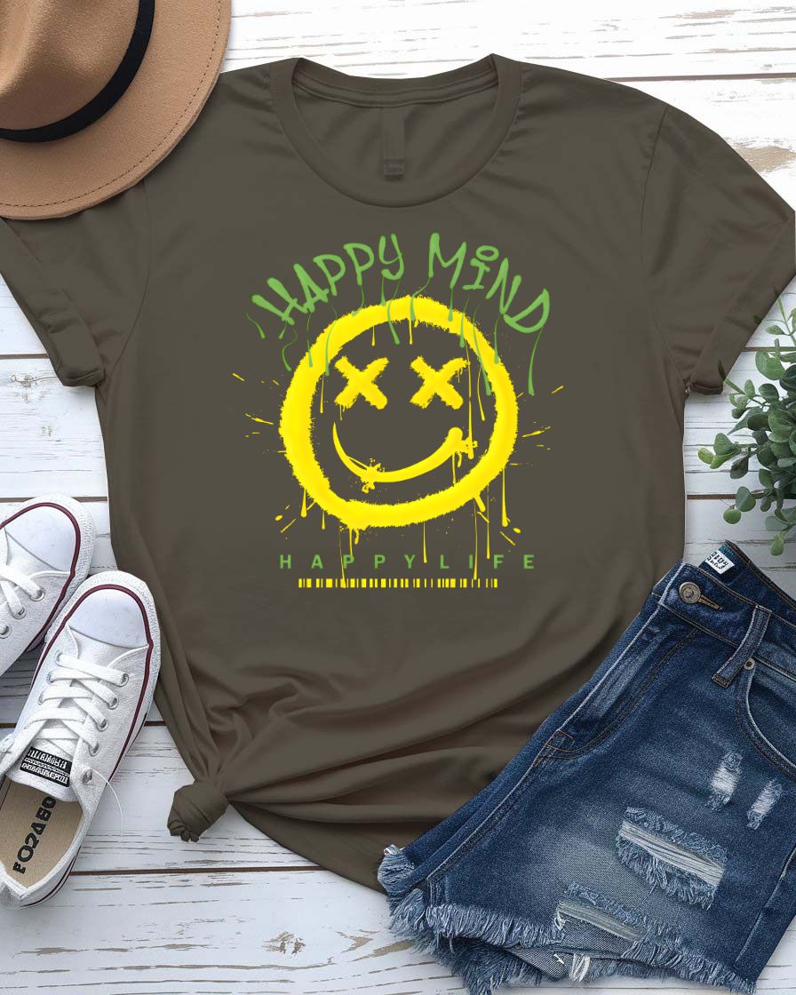 Happy Mind Copy visionary split-design tee on model in creative studio setting