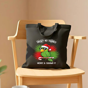 Merry Squawk Tote Bag with colorful parrot in Santa hat design