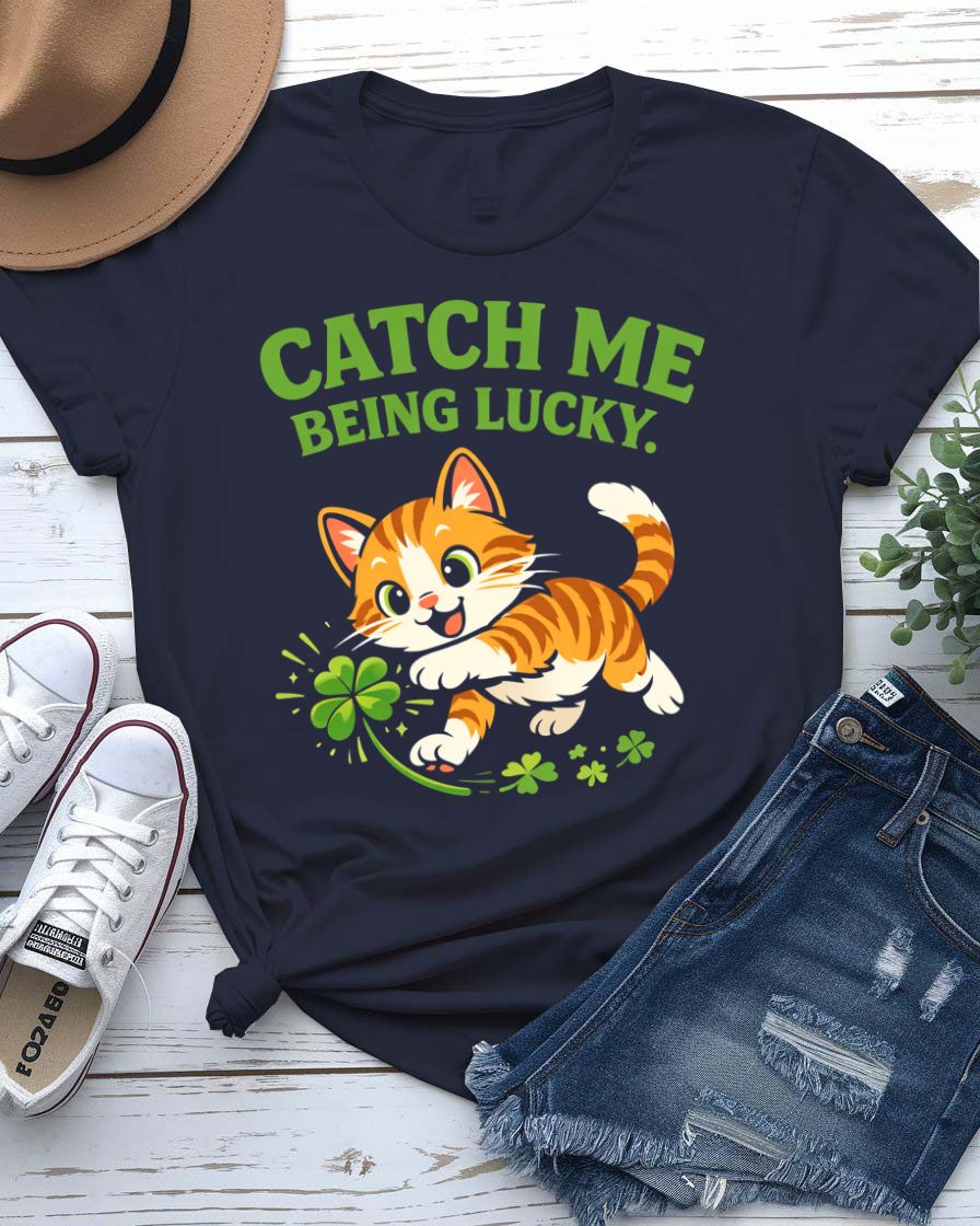 Catch Me Being Lucky St. Patrick's Day Tee with leprechaun hiding behind clover on model
