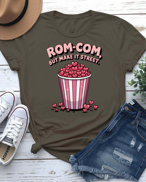Rom-Com Valentine t-shirt with witty "In My Rom-Com Era" text and heart