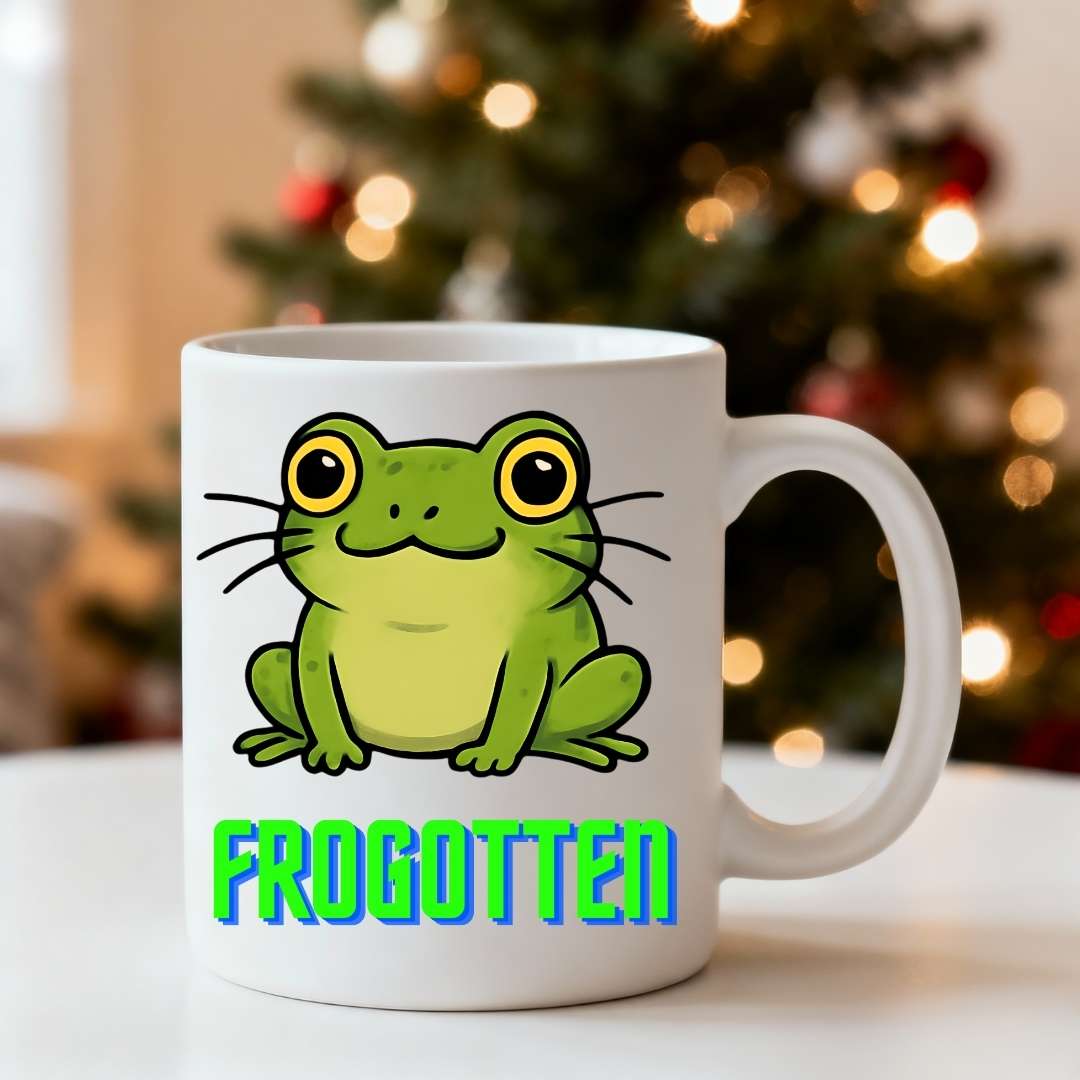 Frogotten Coffee Mug – funny frog meme ceramic coffee cup for caffeine lovers by Memez.Store