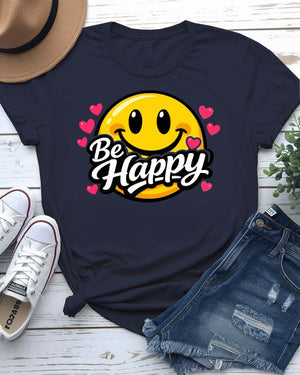 Be happy design tee smiling sun cheerful lettering graphic