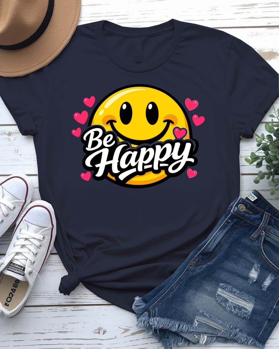 Be happy design tee smiling sun cheerful lettering graphic