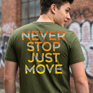 Never Stop Just Move Streetwear Tee with figure in motion on model