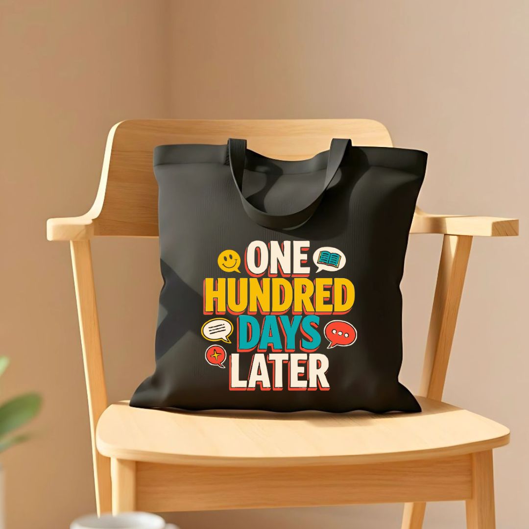 Colorful "100 Days of School" celebration tote bag on natural canvas