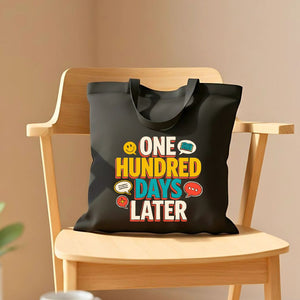 Colorful "100 Days of School" celebration tote bag on natural canvas
