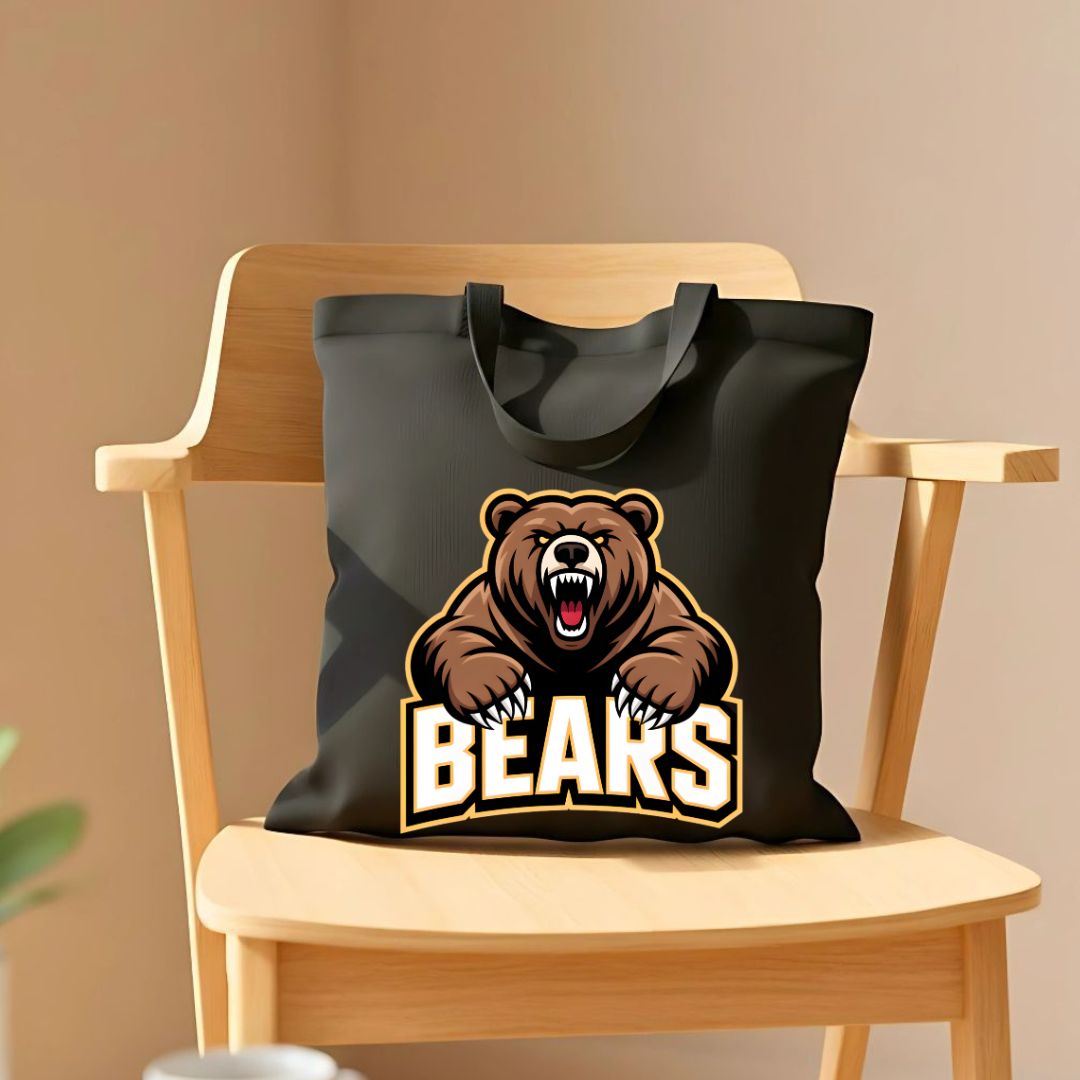 Cute illustrated bear design tote bag on natural canvas