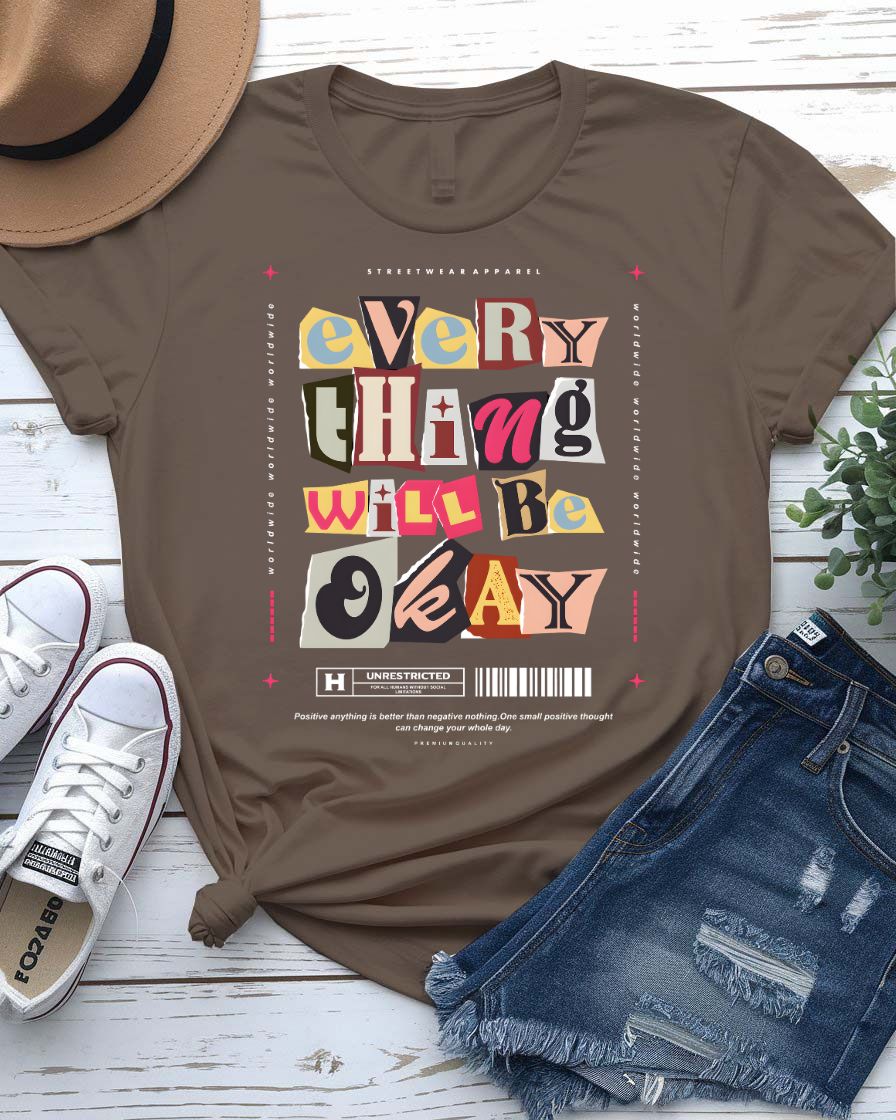 Everything Will Be Okay Tee with handwritten text on wrinkled backdrop on model