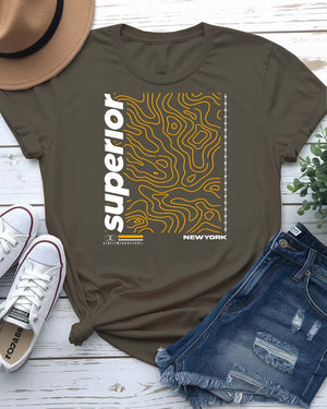 Superior Streetwear Tee with crown floating above mountain peak on model