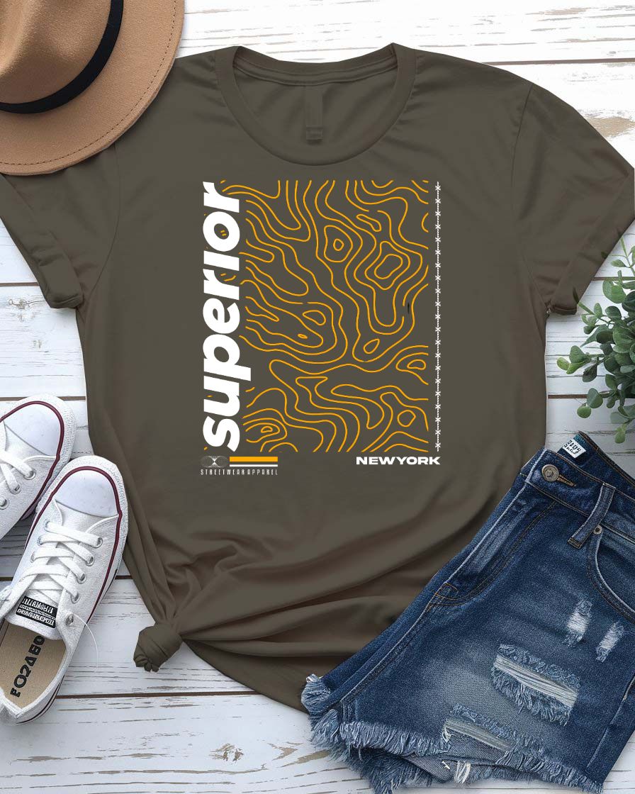 Superior Streetwear Tee with crown floating above mountain peak on model